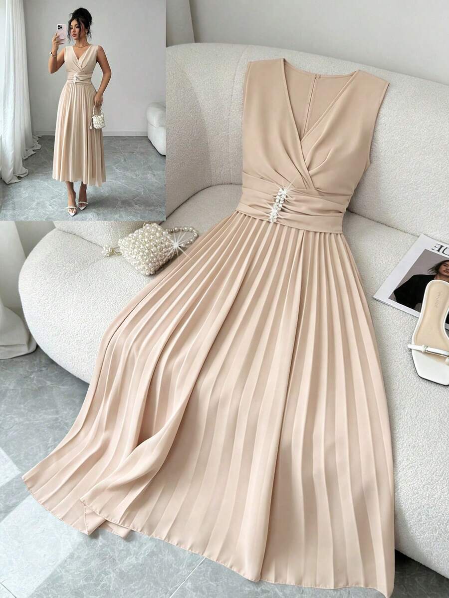 Elenzga Đầm xếp ly không tay cổ chữ V thanh lịch lãng mạn dành cho nữ - Màu be - Xem 1