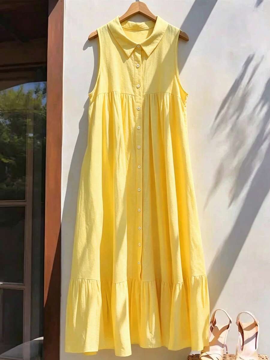 SHEIN Franclia 女士新款翻领无袖宽松单排扣休闲简约长裙 - 黃色 - 查看 1