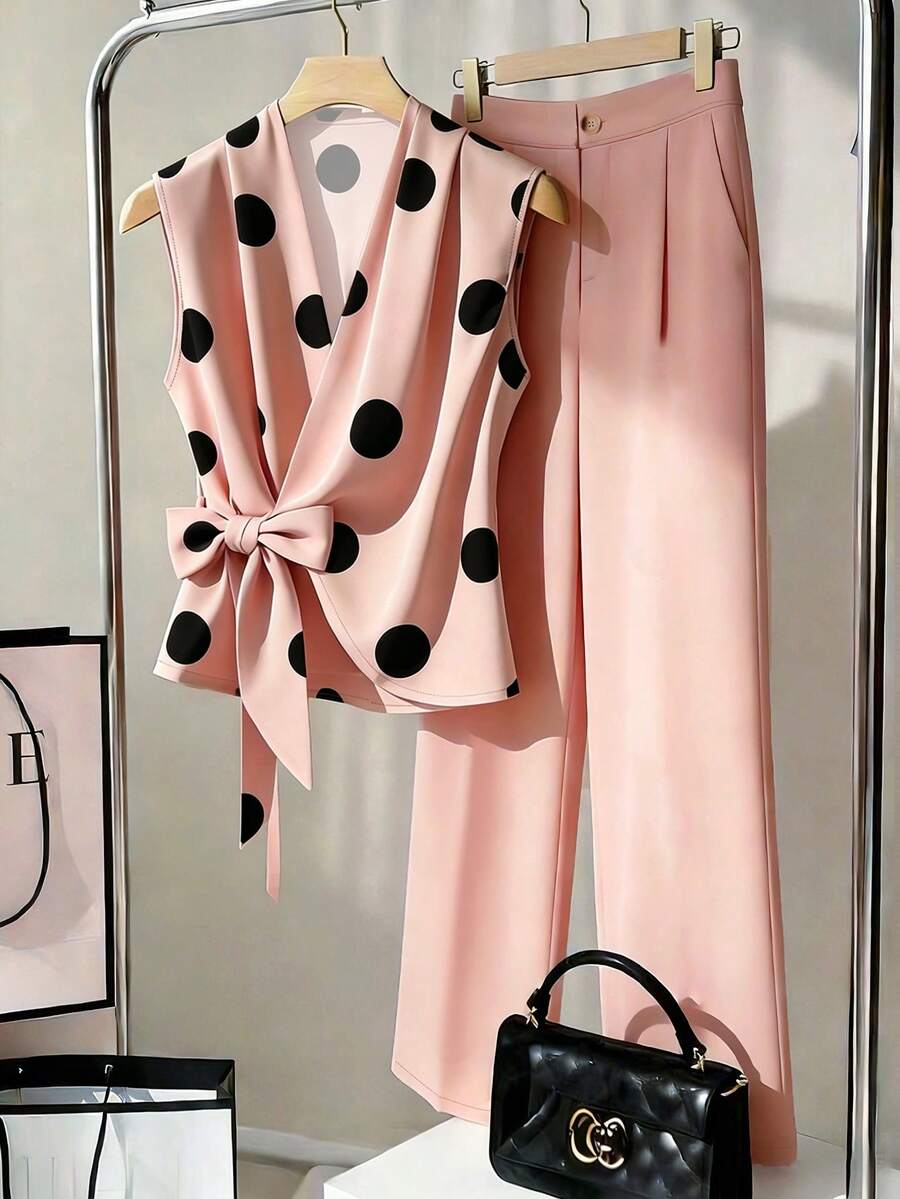 Franclia Fashionable V-Neck Sleeveless Pink Top And Trousers Two Pieces Outfit, Commuting Style For Women, Spring/Summer - Pink - View 1
