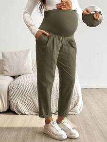 SHEIN Maternity Solid Color Slant Pocket Pleated High Waist Casual Pants Fall - Army Green - View 9