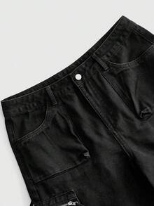 ROMWE MEN Pantalones cortos vaqueros de corte holgado para hombre con bolsillos con solapa - Negro - Ver 5