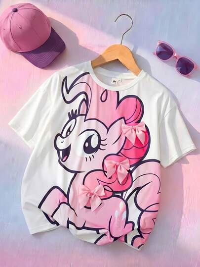My Little Pony X SHEIN Tween Girls' Casual Cartoon Print Bow Decor T-Shirt, Summer