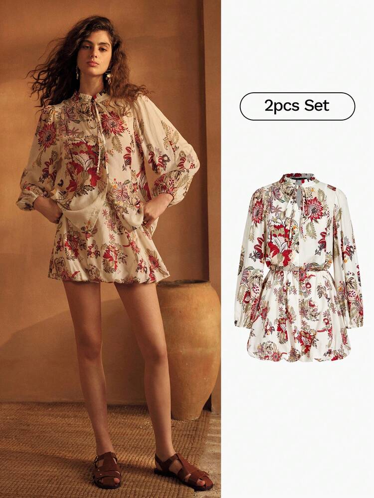 2PCS/SET WOMEN FLORAL PRINT LANTERN SLEEVE TOP AND MINI SKIRT