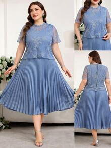 Reflora Abito da donna taglie forti con ricamo floreale plissettato casual per feste, abito estivo, abito per festival, abito da ospite di matrimonio, abito da laurea, abito da ballo elegante - Blu - Visualizzare 9
