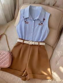 Franclia Conjunto de 2 Peças Estilo Commuter Francês com Top Sem Mangas Bordado com Listras Verticais Azul & Branco e Shorts Marrom - Multicolorido - Visão 8