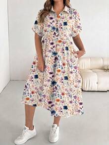 Shapeblank Plus Size Floral Print Dress, Suitable For Summer Holiday Holiday Vacation Beige Cottage Core - Multicolor - View 5