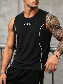 GymBeat Áo tank top nam không tay in họa tiết sọc tương phản, thích hợp cho tập thể dục, chạy bộ, tập bóng rổ. - màu đen - Xem 4