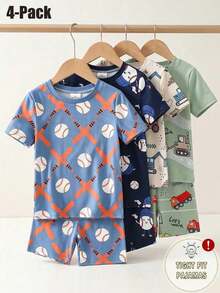 SHEIN GraphicGems 4-Piece Boys Toddler Round Neck Short Sleeve Shorts Summer Navy And Light Blue Cartoon Baseball And Bat Print Snug Fit Pajamas Made From Soft Breathable Knit Fabric With High Stretch For Maximum Comfort Casual Homewear Sleepwear Set For Everyday Lounging Kids Sleep Set Cozy Flexible Gentle On Skin Stylish Modern Design - Multicolor - View 6