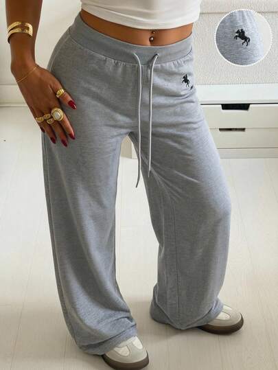 SHEIN EZwear 女士刺绣抽绳腰带休闲宽松运动裤