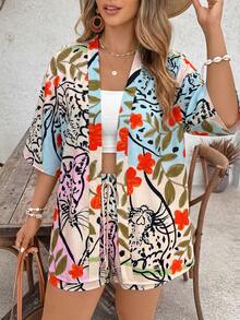 SHEIN VCAY Plus Size Women's Summer Beach Vacation Floral Print Loose Fit Kimono Top And Shorts 2-Piece Set - Multicolor - View 4