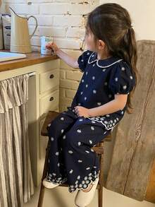DAZY Young Girls Round Neck Embroidered Sleeveless Shirt And Loose Pants 2 Pieces Vacation Set Summer - Blue - View 3