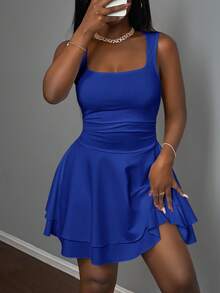 Slaydiva Women's Casual Basic Sweet Ruched Square Neck Sleeveless Top & A-Line Short Dress Set, Summer,Dresses For Women Summer - Teal Blue - View 4