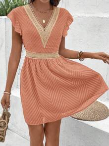 SHEIN Frenchy Đầm nghỉ mát tay bồng phối ren tương phản dành cho nữ - Màu Cam cháy - Xem 5