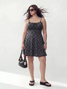 Solavibe Elegant Black And White Summer 1950s Vintage Plaid Mini Dress For Women,Sweetheart Neck Spaghetti Strap Beach Holiday Vacation Picnic Sun Dresses - Grey - View 3