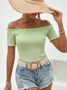 SHEIN VCAY Women's Vacation Solid Color Ruffle Off-Shoulder Short Sleeve T-Shirt,Summer Top - Mint Green - View 3
