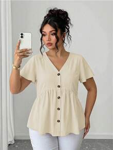 Elenzga Plus Size Women V-Neck Pleated Casual Versatile Daily Wear Shirt - Apricot - View 4