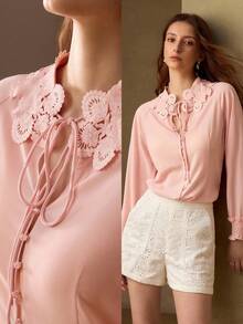MOTF PREMIUM WOMEN'S FASHIONABLE MINIMALIST SEXY TIE NECK APPLIQUE BLOUSE TEACHERS' DAY GOLF PASTAL AUTUMN - Pink - View 8