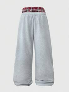 PAVTROS Men's Retro Grey Autumn Streetwear Gym Knit Sweatpants,Elastic Waist Drawstring 2 In 1 Faux Waistband Distressed Ripped Sports Casual Wide Leg Pants - Grey - View 2
