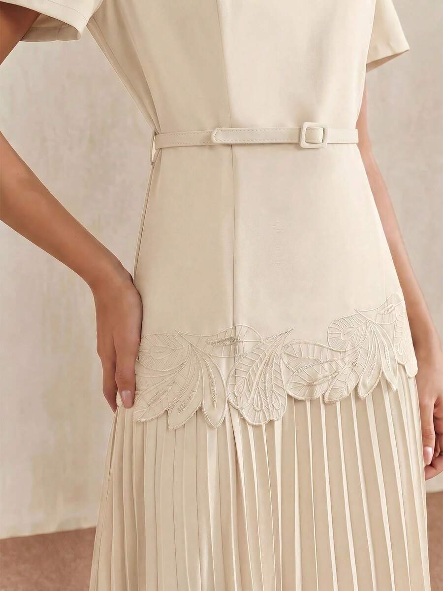 Anewsta New Elegant Round Neck Short Sleeve Dress With Ruffle Hem Design, Beige Color, Comes With A Matching Belt Tea Party Summer - Apricot - View 1