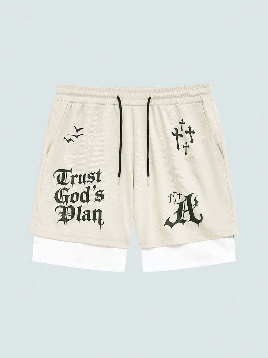 Modcrash Pantalones cortos con estampado de cruz de estilo gótico para hombres, pantalones cortos de baloncesto holgados de doble capa de estilo urbano americano - Caqui - Ver 1