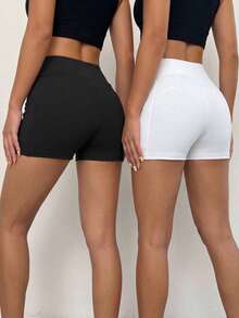 SHEIN EZwear 2pcs/Set Opaque White Black And White Summer Athleisure Gym Short Tight Leggings, Lifting Shorts,Sports Shorts Tights,Daily Commute,Y2K Fashion - White - View 2
