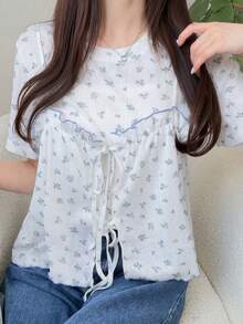 FRIFUL 女款兩件套，附領結，寬鬆圓領短袖，蝴蝶結百褶荷葉邊飾夏季套裝 - 藍色 - 查看 7