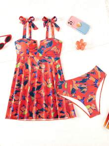 Swim Lushoire Swim Lushore Women's V-Neck Swim Dress, Vibrant Floral Print With Bow Decor, Ruched Bust And Flared Hem Swimsuit - Multicolor - View 7