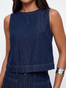 Avantive Women's Denim Set: Sleeveless Loose Top And Denim Shorts Set, Dark Blue Denim Two-Piece Set, Summer Casual Set. - Dark Wash - View 7