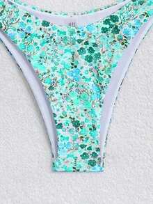 Swim Mod 2pcs/Set Set Bikini Wanita Motif Bunga Acak Warna-warni Lucu untuk Liburan Pantai Musim Panas - Hijau - View 6