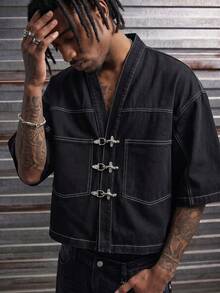 AXEPEAK Men's Casual Loose Fit Short Sleeve Denim Shirt With Airplane Buckle - Black - View 6