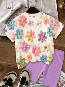 2pcs/Set Teen Girl Casual Cute Textured Ditsy Floral Short Sleeve T-Shirt And Shorts,Healing Style,Suitable For Summer,Vacation,Outdoor - Multicolor - View 3