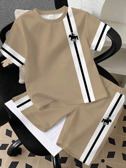 Tween Boy Khaki Black & White Striped Horse Logo Print T-Shirt And Shorts Set, Summer Casual Sportswear