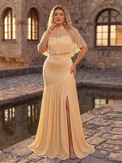 Glamrae Plus Size Romantic Elegant Faux Pearl Decor Mandarin Collar Sexy High Slit Formal Dress, Suitable For Party And Evening Gala, Luxurious Elegant Yellow Women Evening Gown