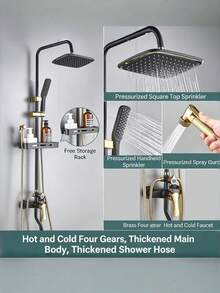 1 Vintage Black Gold Shower Set With Multifunctional Faucet And Storage Rack, Suitable For Family Bathroom Use. - Black Gold - View 7