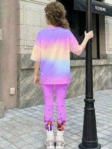 Cartoon Print Short Sleeve T-Shirt And Pants Casual Outfit For Young Girl - Multicolor - View 4