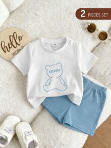 2pcs/Set Newborn Striped Short Sleeve T-Shirt + Shorts - Blue and White - View 3