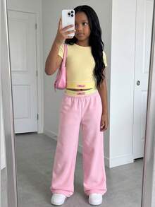 SHEIN Tween Girls' Casual All-Match Versatile Nordic Style Comfortable Knit Sleeveless Cropped Tank Top + Contrast Waistband Sweatpants Set - Multicolor - View 2