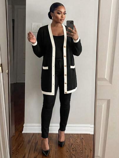 SHEIN Lady CURVE Plus Size Women Elegant & Comfortable Metal Button Closure Long Warm Cardigan, Black & White, For Autumn, Ladies Windbreaker,Business Casual Woman