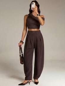SHEIN Tall Bộ sưu tập Xuân/Hè 2026, hàng mới về, thích hợp cho các dịp lễ hội âm nhạc, Lễ Phục Sinh, Ngày Thánh Patrick, Ngày Valentine, Hẹn hò, Phong cách miền Tây, Phong cách du mục, Tiệc sinh nhật, Lễ tốt nghiệp, Đại học, Sinh viên, Thường ngày, Dễ phối đồ, Giải trí, Kỳ nghỉ, Du lịch biển, Bãi biển, Tắm nắng, Phong cách thịnh hành, Thời trang đường phố, Khách dự đám cưới, Phong cách Boho, Đi làm, Ăn sáng muộn, Sân bay, Tiệc tùng, Đi chơi ngày lễ, Trang phục công sở, Quần dài xếp ly màu nâu bằng vải lanh, cạp chun co giãn, túi khóa kéo, dây rút. - màu nâu - Xem 1
