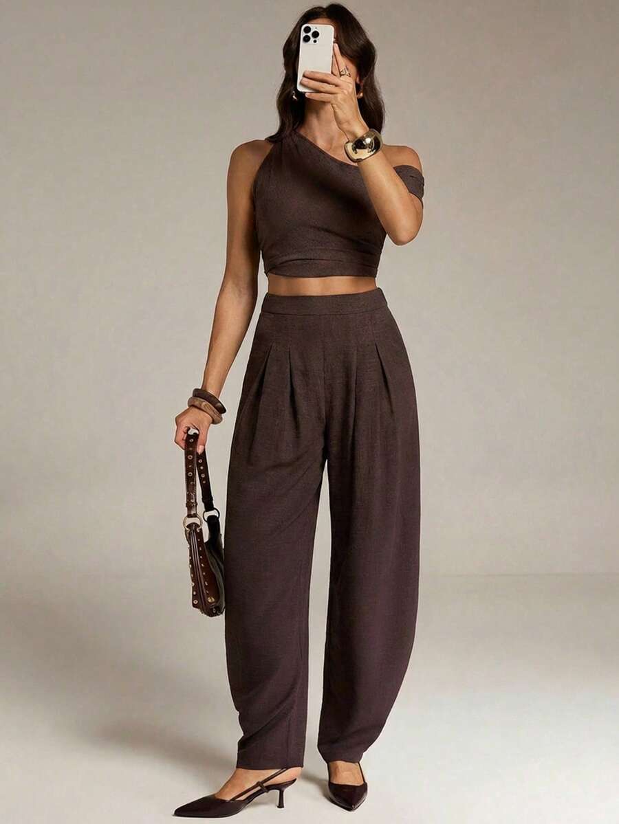 SHEIN Tall Bộ sưu tập Xuân/Hè 2026, hàng mới về, thích hợp cho các dịp lễ hội âm nhạc, Lễ Phục Sinh, Ngày Thánh Patrick, Ngày Valentine, Hẹn hò, Phong cách miền Tây, Phong cách du mục, Tiệc sinh nhật, Lễ tốt nghiệp, Đại học, Sinh viên, Thường ngày, Dễ phối đồ, Giải trí, Kỳ nghỉ, Du lịch biển, Bãi biển, Tắm nắng, Phong cách thịnh hành, Thời trang đường phố, Khách dự đám cưới, Phong cách Boho, Đi làm, Ăn sáng muộn, Sân bay, Tiệc tùng, Đi chơi ngày lễ, Trang phục công sở, Quần dài xếp ly màu nâu bằng vải lanh, cạp chun co giãn, túi khóa kéo, dây rút. - màu nâu - Xem 1