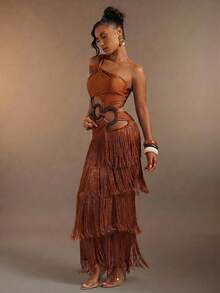 Hauture Women's Sexy One-Shoulder Asymmetrical Neck Fringe Tassel Layered Maxi Dress Bamboo Ring Decor - Rust Brown - View 5