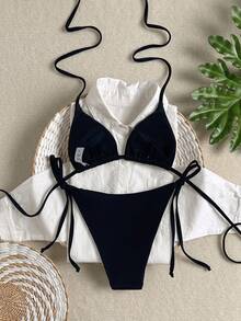 Swim Mod Solid Color Triangle Cup Halter Bikini Set, Tie-Up Low Waist Swimwear, Backless Tankini, Suitable For Beach, Hot Spring, Photo Shooting, Swimming - Black - View 2