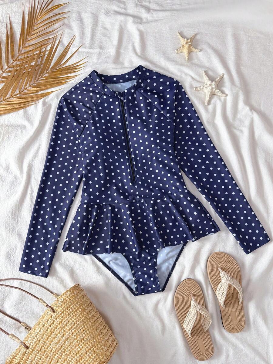 SHEIN 少女波点长袖连体泳衣,适合海滩度假、泳池派对、沙滩派对 - 藏蓝色 - 查看 1