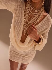 Opulessa Women's Solid Color Plunging Neck Long Sleeve Sheer Coverup Dress - Apricot - View 7