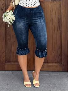 Muchica Plus Size Denim Effect Print Ruffle Hem Leggings - Blue - View 3