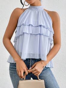 Firerie Loose Neck Ruffle Asymmetrical Chiffon Blouse,Summer Top - Baby Blue - View 5