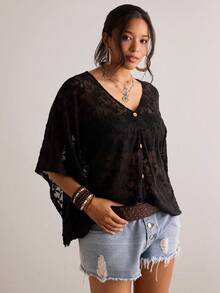 Freevana Plus Size Textured Batwing Sleeve V-Neck Blouse - Black - View 3