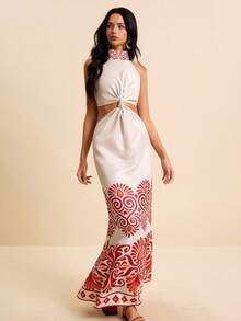 SURIMA Đầm ôm dáng ngắn cho nữ, cổ yếm, sát nách, eo ngắn, họa tiết in màu hồng nhạt và đỏ, phong cách du lịch xuân/hè - Nhiều màu - Xem 4