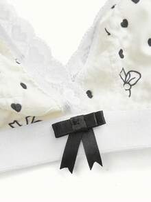 PetitDoll 1pc Cute Bow & Heart Print Lace Patchwork Wireless Bra - Black and White - View 6