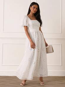 Lilora 女款優雅刺繡長洋裝，高端時尚百搭優雅禮服，適合通勤、日常休閒出遊、聚會、約會派對、婚禮、派對、休閒、出遊、婚禮、夏季、度假旅行 白色 - 白色 - 查看 6
